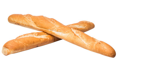 Fresh French baguette close up view over white background