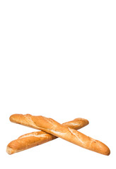 Fresh French baguette close up view over white background