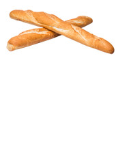 Fresh French baguette close up view over white background