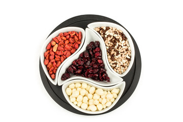 almonds in chocolate, cranberries and walnuts