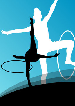 Active young girl gymnasts silhouettes in acrobatics spinning ri
