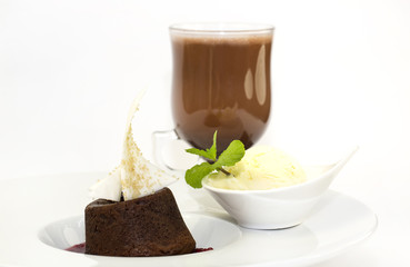poppy seed dessert with ice cream on white background
