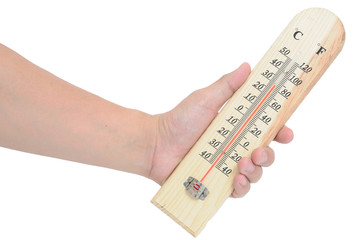 Man hand with wrist-support protection holding temperature-meter