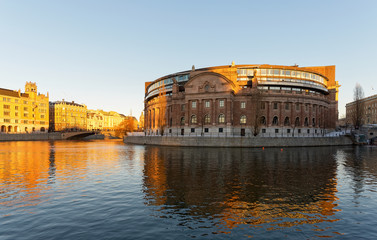 Fototapeta na wymiar Swedish Parliament building or Rosenbad in evening sun during