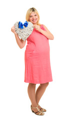 pregnant woman with heart and blue bow