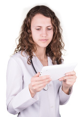 a woman holding a tablet pc, isolated on white background