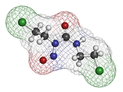 Carmustine (BCNU) cancer chemotherapy drug molecule.