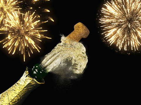 Champagne bottle and cork with lit firework