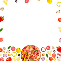 Tasty pizza and ingredients isolated