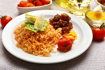 Tasty rice served on table, close-up