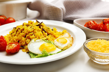 Tasty rice served on table, close-up