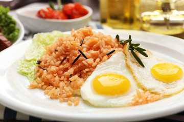 Tasty rice served on table, close-up