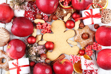 Christmas frame with apples, cookies and decorations