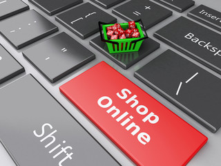 Fototapeta premium 3d Shopping basket with red cubes on computer keyboard. Online