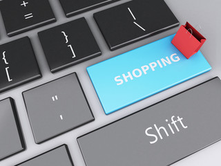 3d Shopping bag on computer keyboard. Online shopping concept.