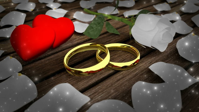 Golden rings and white rose with petals