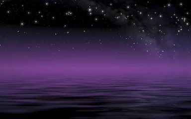 Foto op Plexiglas Nacht Kalme zee in sterrennacht na zonsondergang