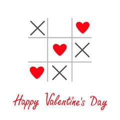 Tic tac toe game cross heart sign Valentines day card Red Flat 