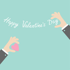 Businessman hands holding Valentines day text  pink heart Flat 