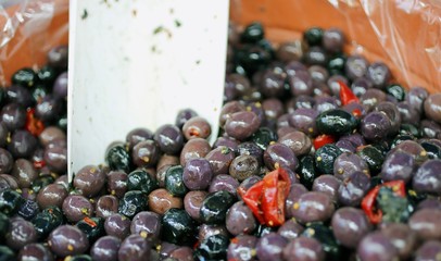 genuine black olives for sale on the market of southern Italy