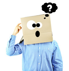 Man with cardboard box on his head isolated on white