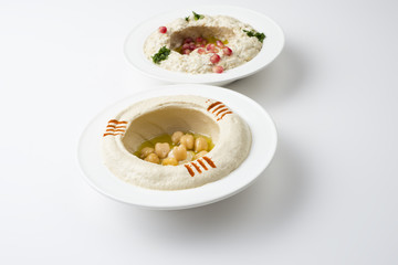 Lebanese food of Hommos & Mtabbal Isolated on White