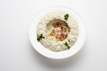 Mtabbal, Lebanese food of cooked eggplant isolated on white