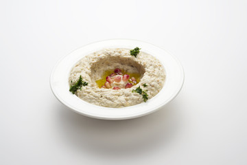 Mtabbal, Lebanese food of cooked eggplant isolated on white