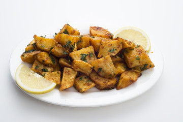 Spicy potato cut in cubes and fried, lebanese cuisine
