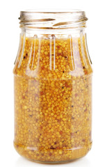 Dijon Mustard in glass jar isolated on white