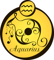 stylized zodiac signs in a yellow circle - aquarius