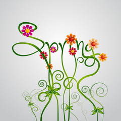 Spring word, flowers vector card illustration, background