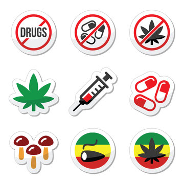 Drugs, addiction, marijuana, syringe colorful labels set
