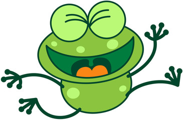 Naklejka premium Green frog running, jumping and celebrating enthusiastically