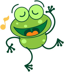 Green frog with musical note singing and dancing