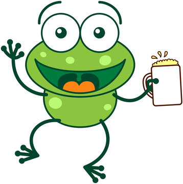 Green frog waving and celebrating with a glass of beer