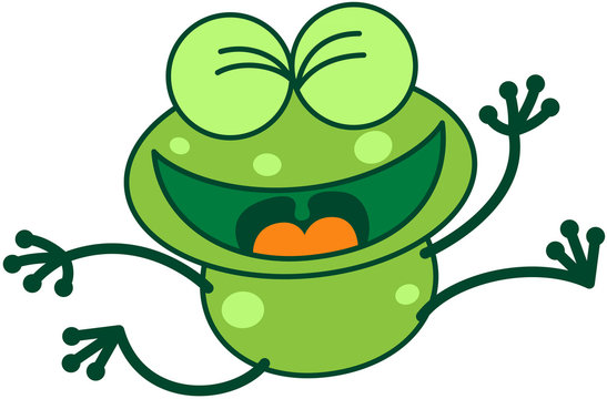 Green frog running, jumping and celebrating enthusiastically