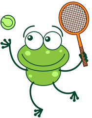 Green frog playing tennis and preparing for serving