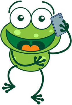 Green frog talking enthusiastically on a smartphone
