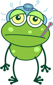 Green frog with thermometer and ice pack feeling sad and sick