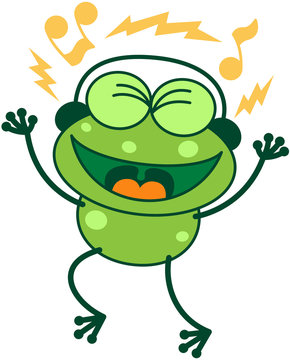 Green frog with earphones listening to music and dancing