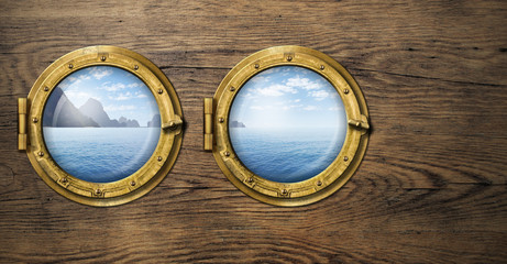 Two ship windows with tropical sea or ocean island. Travel and