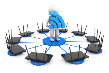 Routers around 3d Person with Wi-Fi sign