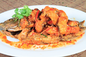 Thai food style: Fried fish toppted with chilli sauce