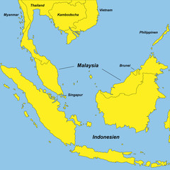 Südostasien in gelb und blau (beschriftet)