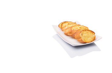 Homemade garlic bread of French baguette slices 