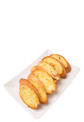 Homemade garlic bread of French baguette slices 