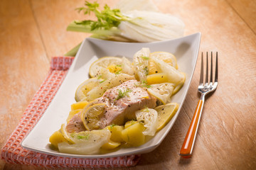salmon with fennel and potatoes, selective focus