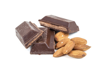 Chocolate pieces and almond on white background