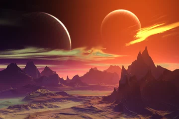 Foto op Plexiglas 3D teruggegeven fantasie buitenaardse planeet. Rotsen en maan © Pavel Parmenov